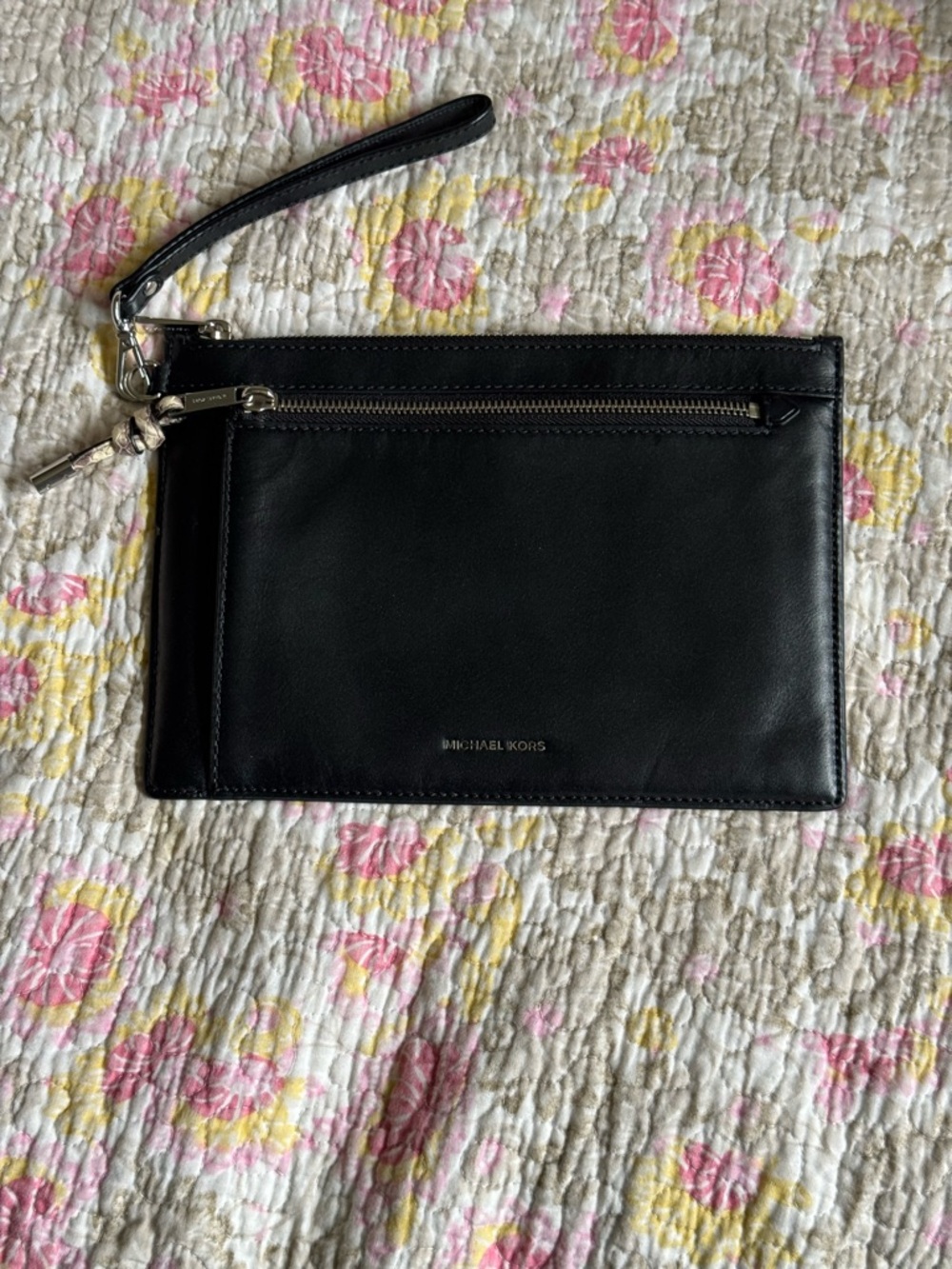 Michael Kors Black Leather Wristlet Pouch with Zip Pocket